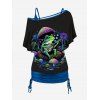Cartoon Lonely Frog Print Oblique Shoulder T-shirt And Cinched V Neck Spaghetti Strap Camisole Two Piece Set - Noir S | US 4