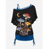 Galaxy Mushroom Print Oblique Shoulder T-shirt And Cinched V Neck Spaghetti Strap Camisole Two Piece Set - Noir S | US 4