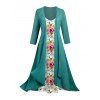 Sheer Solid Open Front Chiffon Bracelet Sleeve Cardigan and Tiny Floral Print Cami Dress Suit - Vert profond XXL | US 14