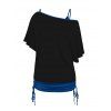 Galaxy Mushroom Print Oblique Shoulder T-shirt And Cinched V Neck Spaghetti Strap Camisole Two Piece Set - Noir XXL | US 12