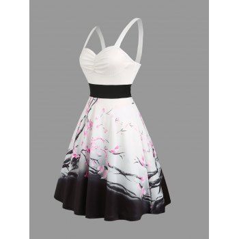 Floral Print Women`s Sweetheart Neck Ruched Bust Belt Dress and Men`s Button Up Shirt Outfit 