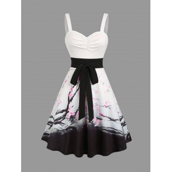 Floral Print Women`s Sweetheart Neck Ruched Bust Belt Dress and Men`s Button Up Shirt Outfit 