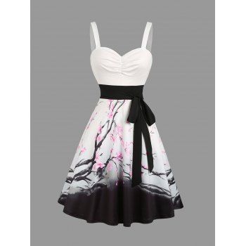 Floral Print Women`s Sweetheart Neck Ruched Bust Belt Dress and Men`s Button Up Shirt Outfit 