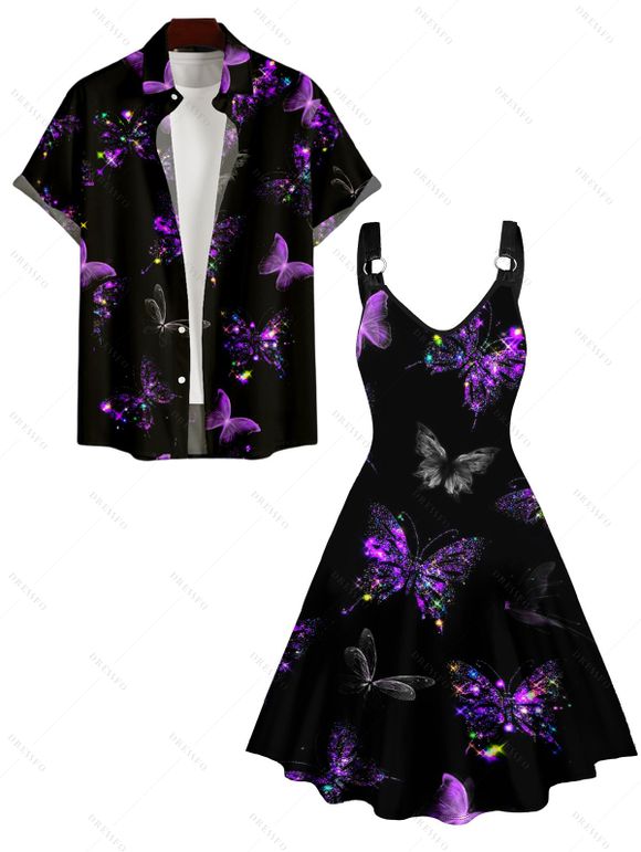 Colorful Butterfly Print Women's V Neck O-Ring Dress and Men's Roll Up Sleeve Button Up Shirt Outfit - Noir S | US 4