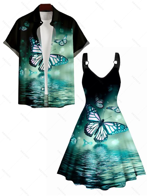 Butterfly Water Print Women's O Ring Straps Dress and Men's Roll Up Sleeve Button Up Shirt Outfit - Vert clair S | US 4