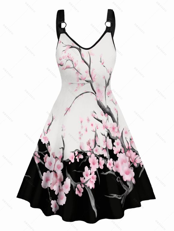 Robe Branché Fleur Imprimée Boutonnée Manches Roulées à Col V pour Femme - Blanc S | US 4