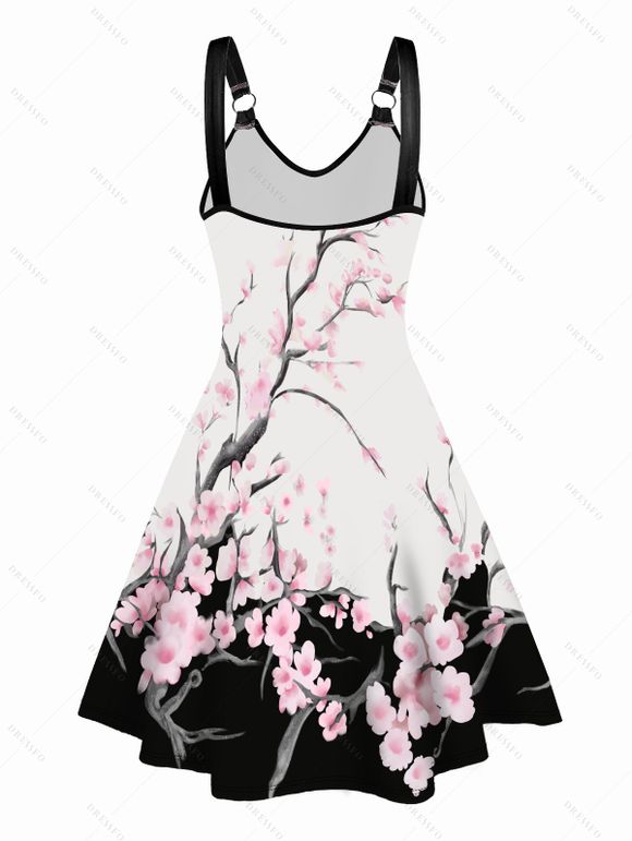 Robe Branché Fleur Imprimée Boutonnée Manches Roulées à Col V pour Femme - Blanc S | US 4