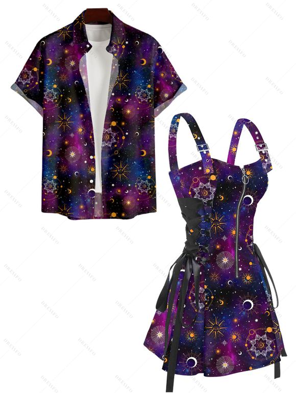 Galaxy Sun Star Print Women's Half Zipper Lace Up Dress and Men's Button Up Shirt Outfit - Concorde S | US 4