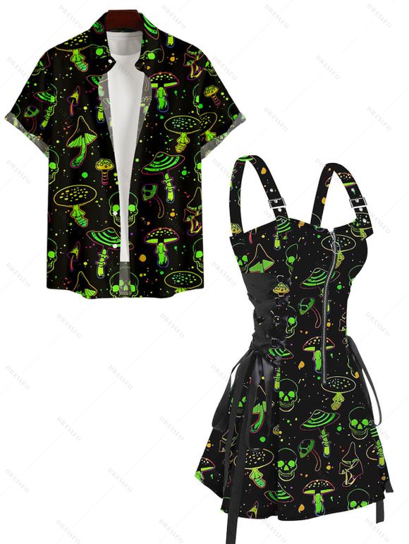 Galaxy Skull Mushroom Women's Lace Up Half Zipper Buckle Dress and Men's Button Up Shirt Outfit - Noir S | US 4