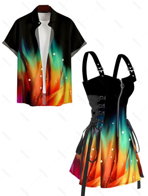 Robe Chemise à Lacets Imprimé Galaxie Colorée à Demi-Boutons - Noir S | US 4