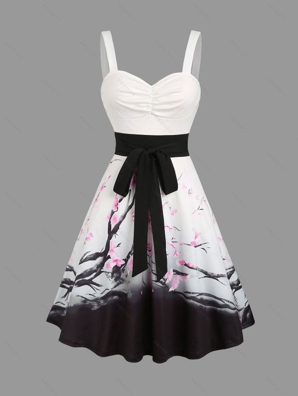 Robe Trapèze Longue Imprimée Florale à Col en Coeur et Ceinture - Blanc S | US 4