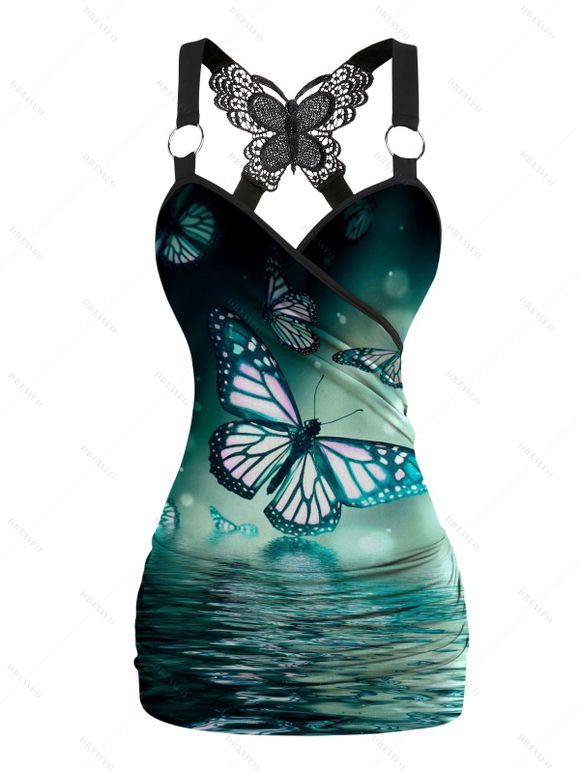 Haut Cache-Coeur Papillon Imprimé en Dentelle Transparente à Taille Elastique et Pantalon - Noir S | US 4