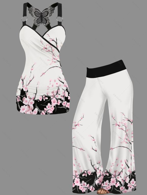 Flower Print Ruched Surplice O Ring Top and Wide Leg Pants Outfit - Blanc S | US 4
