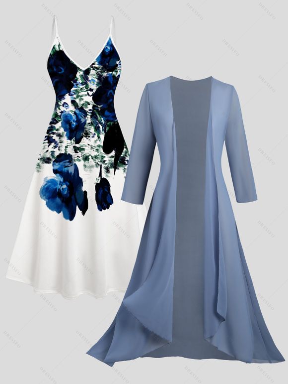Sheer Solid Open Front Chiffon Bracelet Sleeve Cardigan and Print Cami Dress Suit - Bleu clair XXL | US 14