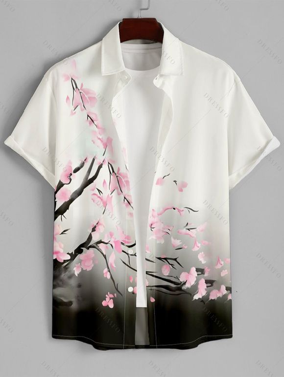 Men's Floral Print Roll Up Sleeve Shirt Button Up Short Sleeve Casual Gentleman Shirt - Blanc 4XL