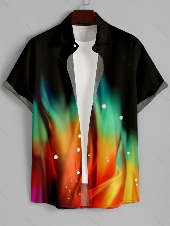 Men's Colorful Print Roll Up Sleeve Shirt Button Up Short Sleeve Casual Shirt - Noir 4XL