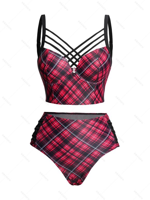 Plaid Print Underwire Crisscross High Waisted Bikini Swimwear Set - Rouge foncé L | US 8-10