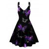 Colorful Butterfly Print Women's V Neck O-Ring Dress and Men's Roll Up Sleeve Button Up Shirt Outfit - Noir S | US 4