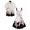 Flower Print Women's V Neck O Ring Dress and Men's Roll Up Sleeve Button Up Shirt Outfit - Blanc S | US 4