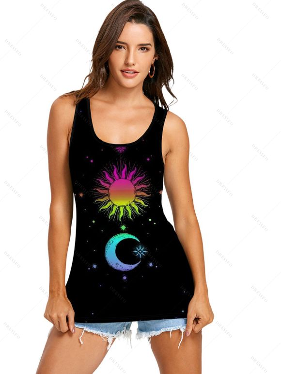 Galaxy Sun Moon Star Print Round Neck Sleeveless Summer Tank Top - Noir XXL | US 14