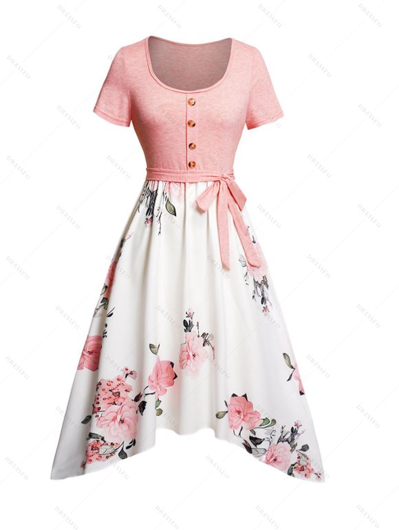 Floral Print Patchwork Mock Button Self Belt Dress Short Sleeve Round Neck Asymmetric Dress - Rose clair L | US 8-10