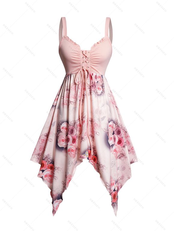 Rose Print Patchwork Lace Up Ruffle Trim Tank Dress Sleeveless Ruched Bust Asymmetric Dress - Rose clair XXL | US 14