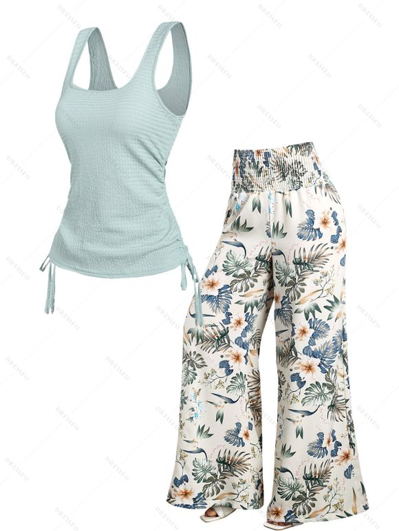 Solid Textured Square Neck Sleeveless Cinched Top and Hawaii Print Elastic Waist Wide Leg Pants Outfit - Vert clair XXL | US 14