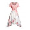 Floral Print Patchwork Mock Button Self Belt Dress Short Sleeve Round Neck Asymmetric Dress - Rose clair S | US 4