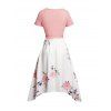 Floral Print Patchwork Mock Button Self Belt Dress Short Sleeve Round Neck Asymmetric Dress - Rose clair S | US 4