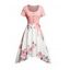 Floral Print Patchwork Mock Button Self Belt Dress Short Sleeve Round Neck Asymmetric Dress - Rose clair L | US 8-10