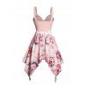Rose Print Patchwork Lace Up Ruffle Trim Tank Dress Sleeveless Ruched Bust Asymmetric Dress - Rose clair L | US 8-10