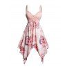 Rose Print Patchwork Lace Up Ruffle Trim Tank Dress Sleeveless Ruched Bust Asymmetric Dress - Rose clair XXL | US 14