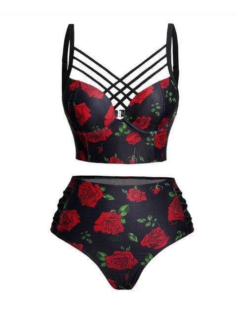 Maillot de Bain Bikini Croisé Rose Imprimée à Taille Haute à Armature Saint-Valentin