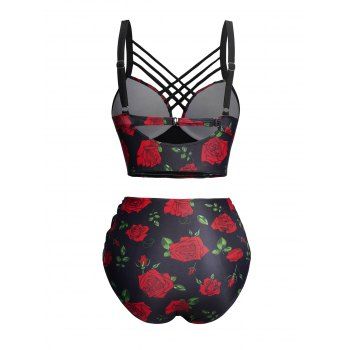Valentine`s Day Rose Print Underwire Crisscross High Waisted Bikini Swimwear Set 