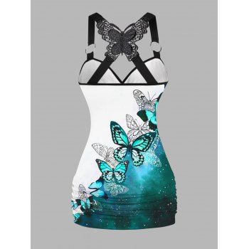 Galaxy Butterfly Print Ruched Butterfly Lace Cross Tank Top O Ring Surplice Summer Top