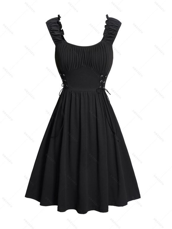 Solid Color Ruched Lace Up Waisted Sleeveless Summer Tank Dress - Noir S | US 4