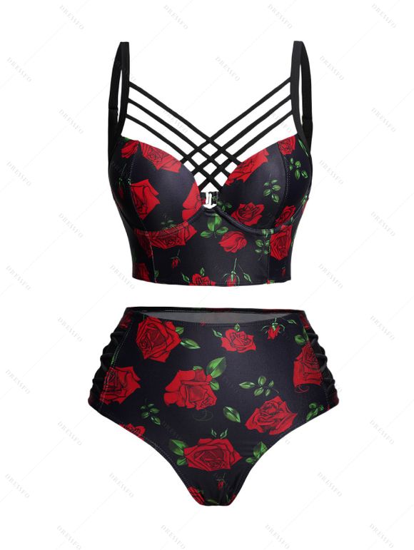 Valentine's Day Rose Print Underwire Crisscross High Waisted Bikini Swimwear Set - Noir XXL | US 14