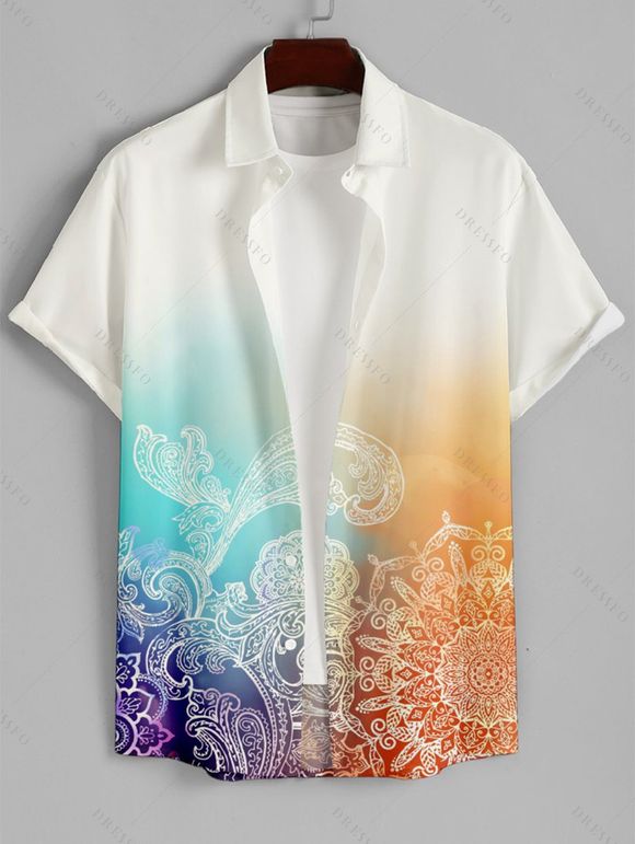 Men's Ombre Colorful Print Roll Up Sleeve Shirt Button Up Short Sleeve Casual Gentleman Shirt - Blanc XL