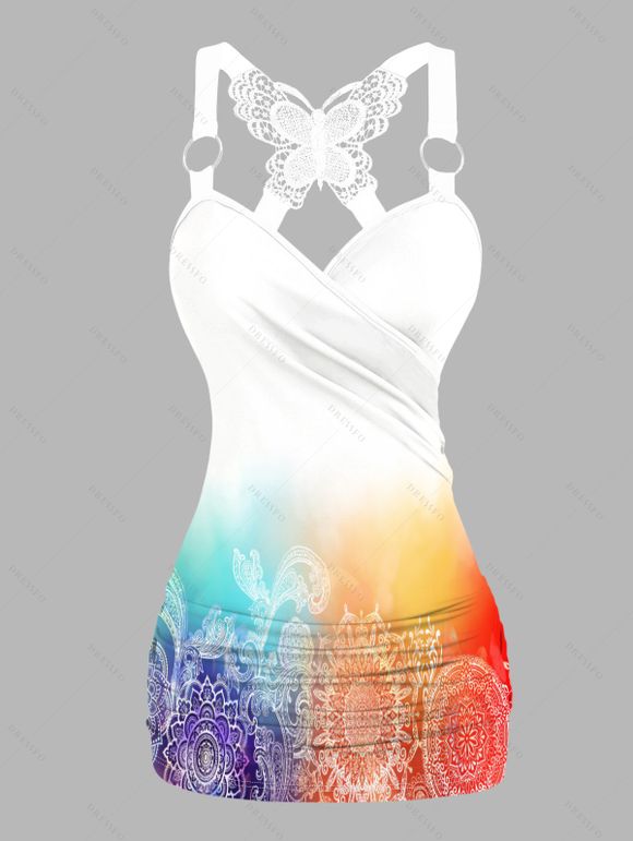 Colorful Ombre Print Ruched Butterfly Lace Cross Tank Top O Ring Surplice Summer Top - Blanc M | US 6