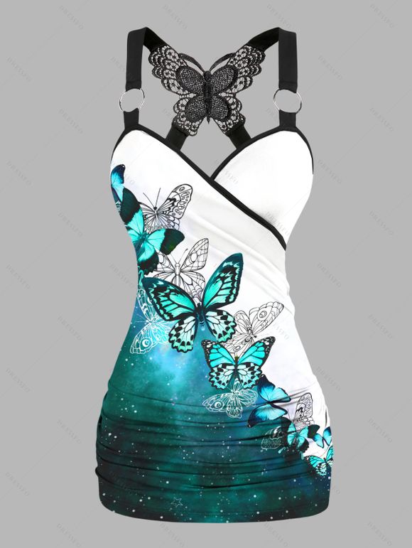 Galaxy Butterfly Print Ruched Butterfly Lace Cross Tank Top O Ring Surplice Summer Top - Vert clair XXL | US 14