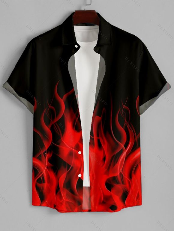 Men's Flame Print Roll Up Sleeve Shirt Button Up Short Sleeve Casual Gentleman Shirt - Noir 2XL