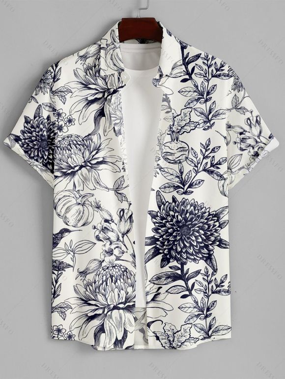 Men's Big Floral Print Roll Up Sleeve Shirt Button Up Short Sleeve Casual Gentleman Shirt - Blanc L