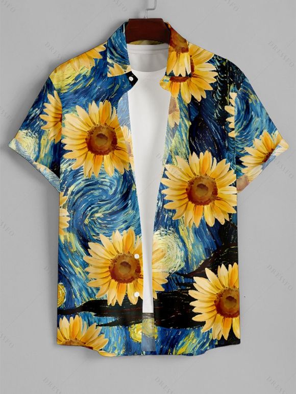 Men's Van Gogh Sunflower Print Roll Up Sleeve Shirt Button Up Short Sleeve Casual Gentleman Shirt - Bleu 2XL
