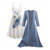 Sheer Solid Open Front Chiffon Bracelet Sleeve Cardigan and Print V Neck Cami Dress Suit - Bleu clair XXL | US 14