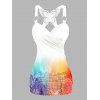 Colorful Ombre Print Ruched Butterfly Lace Cross Tank Top O Ring Surplice Summer Top