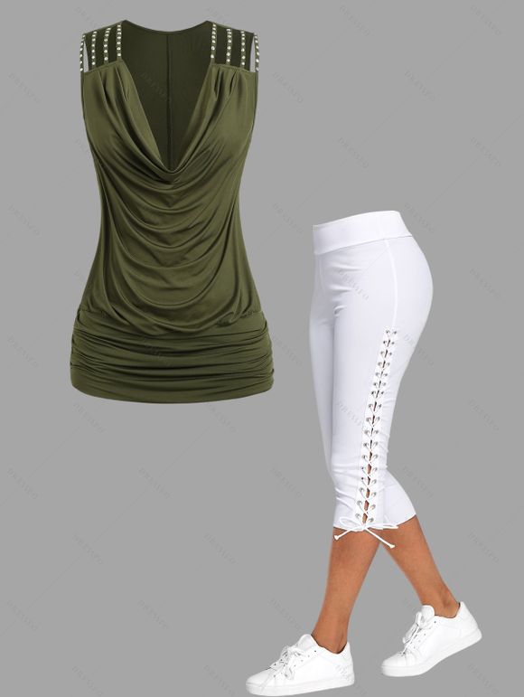 Solid Color Rivet Design Cowl Neck Ruched Top and Lace Up Leggings Outfit - Vert profond S | US 4