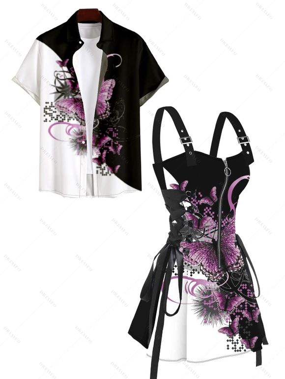 Butterfly Print Women's Lace Up Half Zipper Dress and Men's Button Up Shirt Outfit - Noir S | US 4