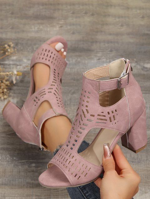 New Solid Hollow Out Chunky High Heel Buckle Zipper Sandals