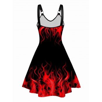 Flames Print V Neck Dress O Ring Straps Sleeveless A Line Summer Tank Dress