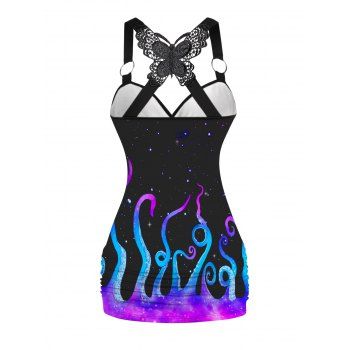 Galaxy Octopus Print Ruched Butterfly Lace Cross Tank Top O Ring Surplice Summer Top